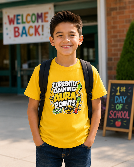Currently Gaining Aura Points Kids T-Shirt, Funny Gamer Back-to-School Tee