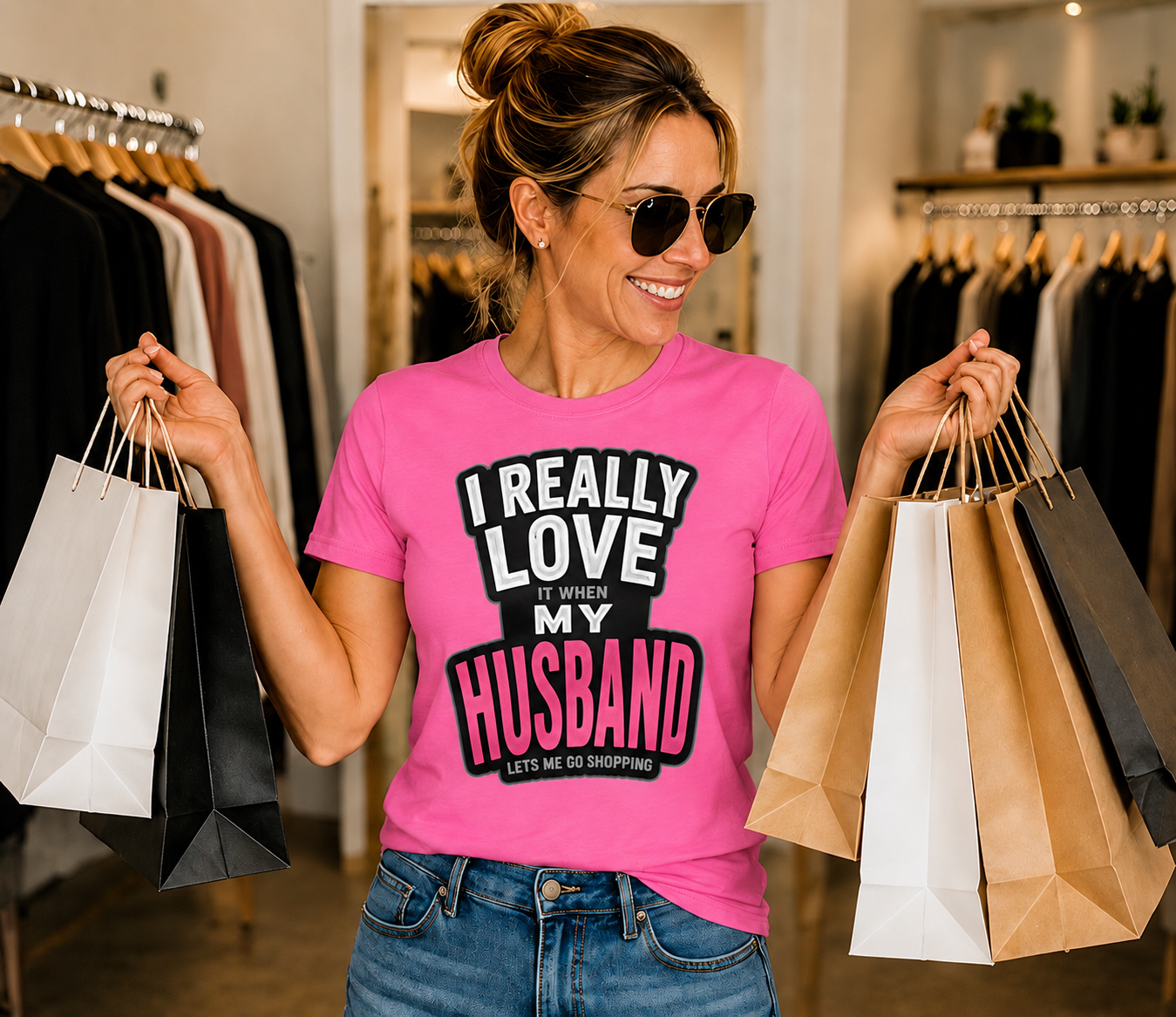 I Really Love It When My Husband Lets Me Go Shopping Funny Wife Womens Fitted Cotton Graphic T-Shirt Gift for Women Anniversary Birthday