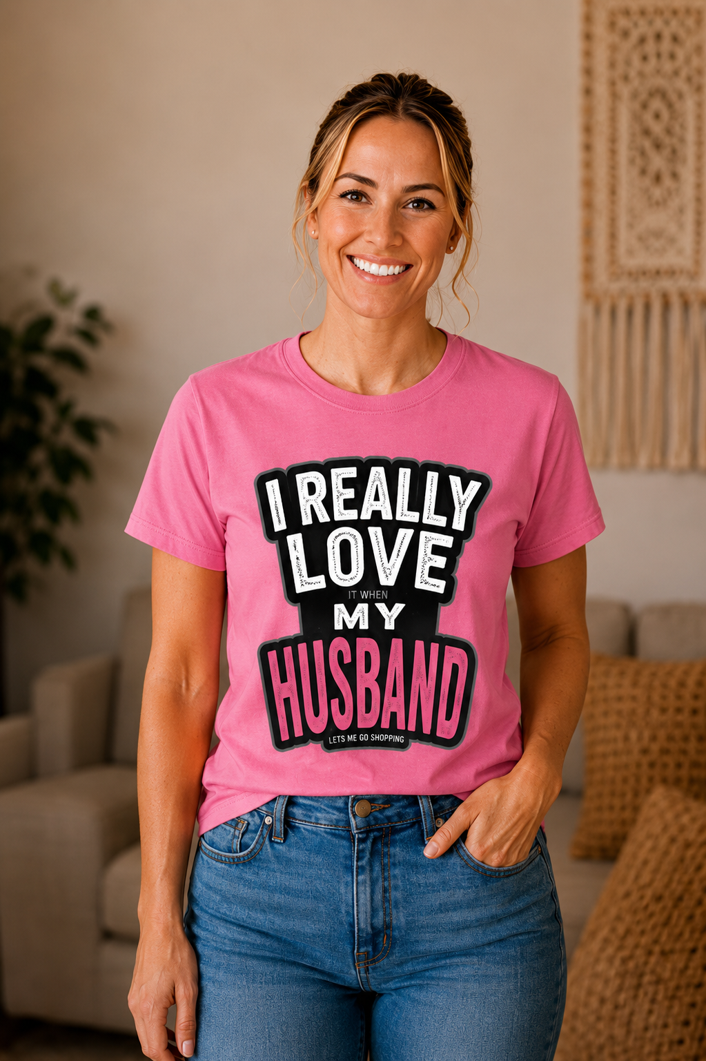 I Really Love It When My Husband Lets Me Go Shopping Funny Wife Womens Fitted Cotton Graphic T-Shirt Gift for Women Anniversary Birthday