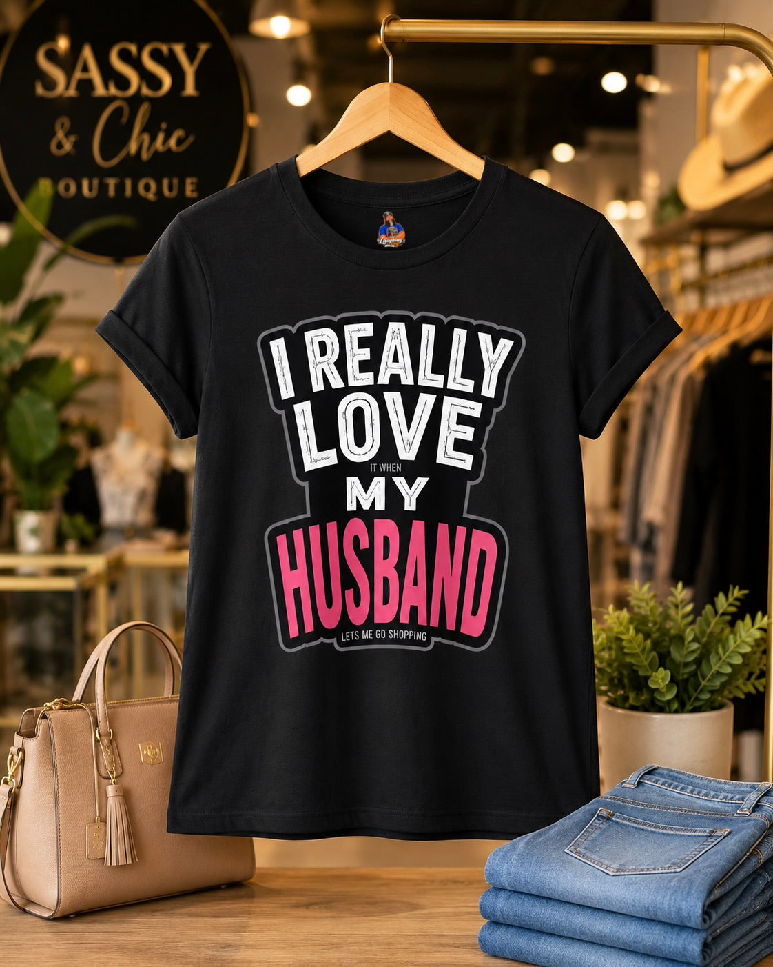 I Really Love It When My Husband Lets Me Go Shopping Funny Wife Womens Fitted Cotton Graphic T-Shirt Gift for Women Anniversary Birthday