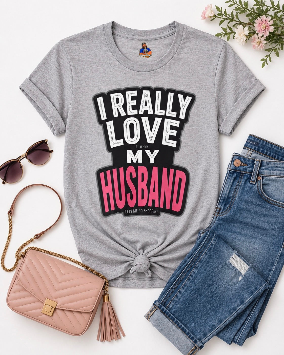 I Really Love It When My Husband Lets Me Go Shopping Funny Wife Womens Fitted Cotton Graphic T-Shirt Gift for Women Anniversary Birthday