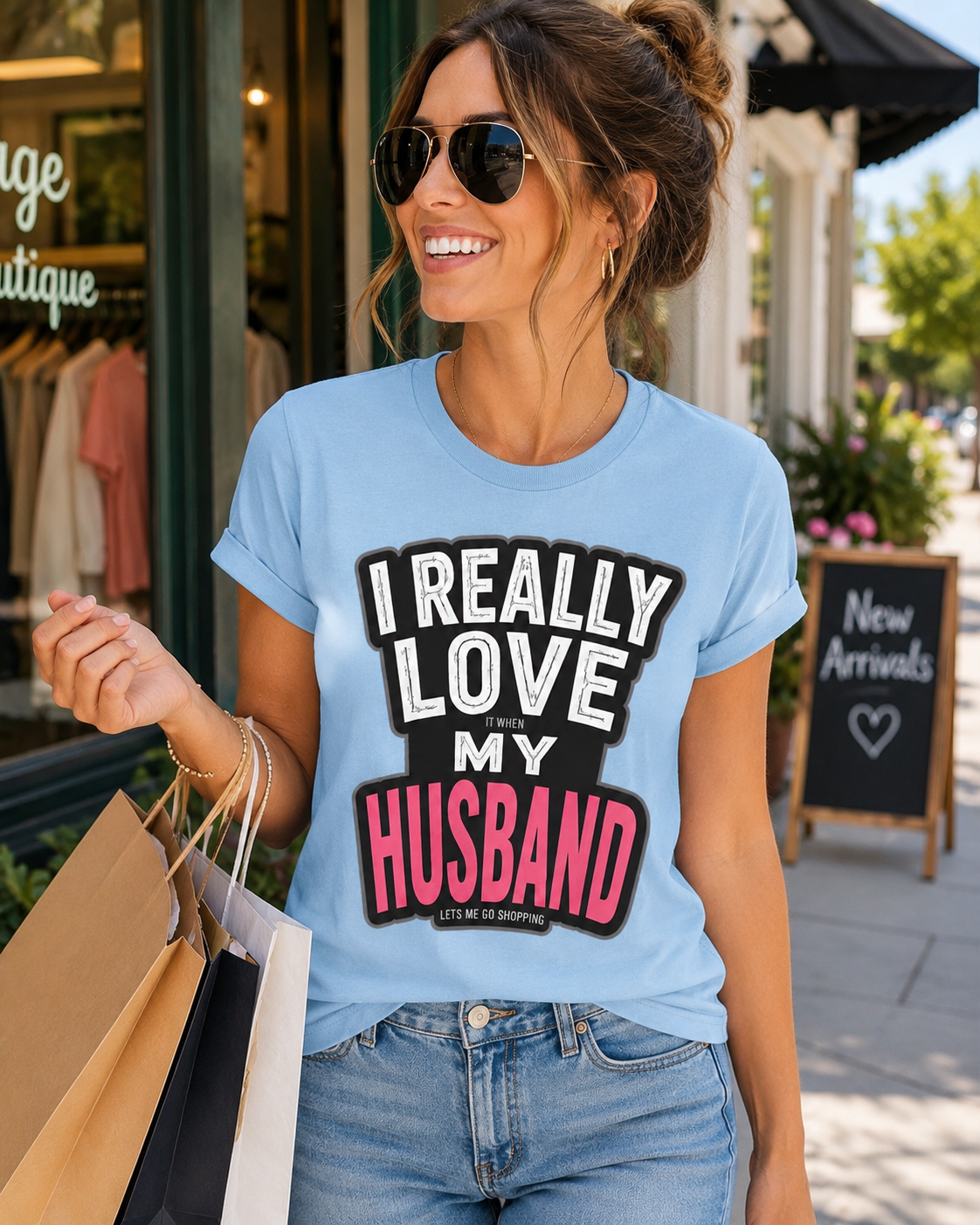 I Really Love It When My Husband Lets Me Go Shopping Funny Wife Womens Fitted Cotton Graphic T-Shirt Gift for Women Anniversary Birthday