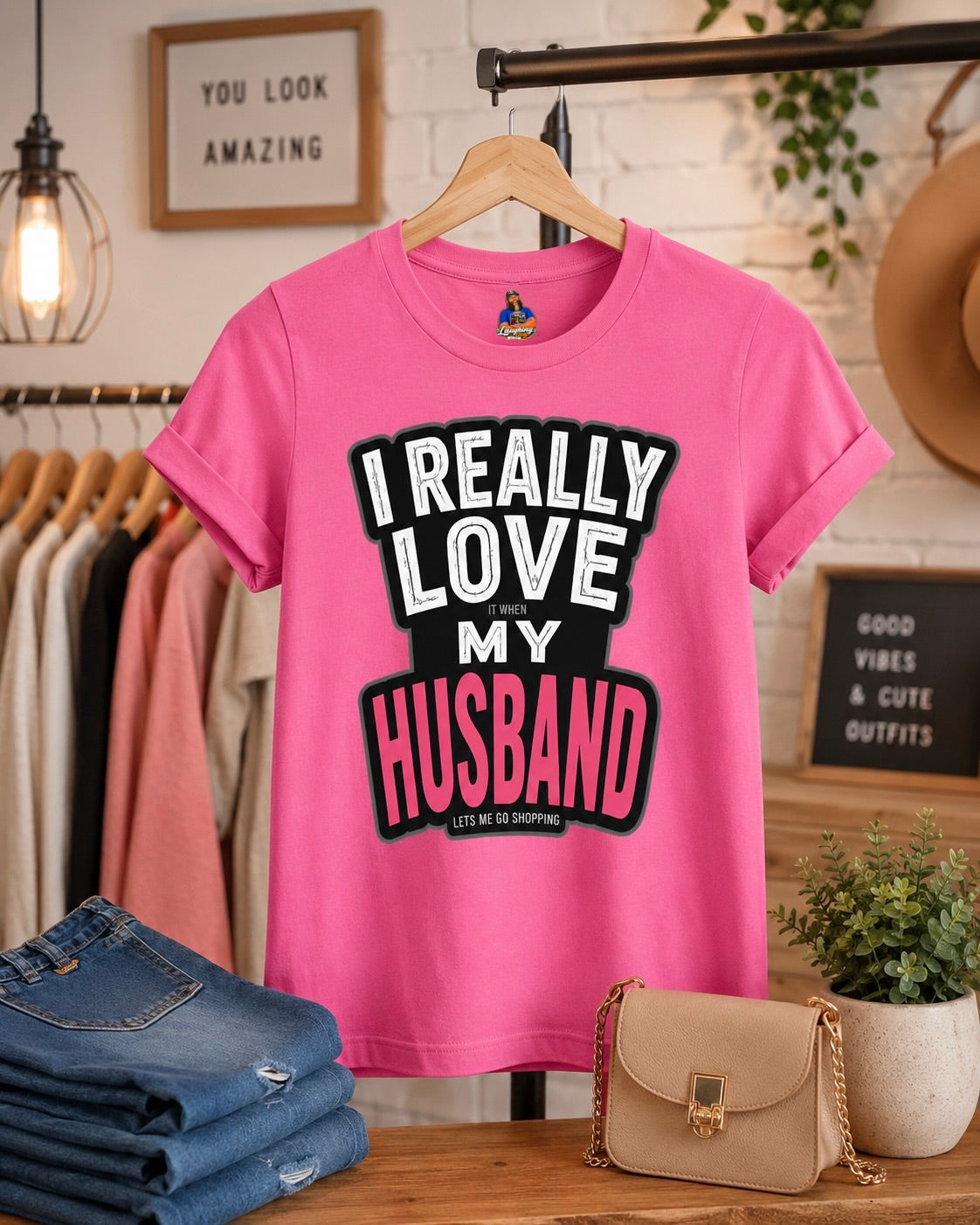 I Really Love It When My Husband Lets Me Go Shopping Funny Wife Womens Fitted Cotton Graphic T-Shirt Gift for Women Anniversary Birthday
