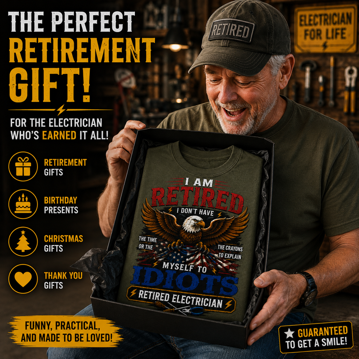 Retired Electrician T-Shirt, Funny Retirement Gift for Dad or Grandpa