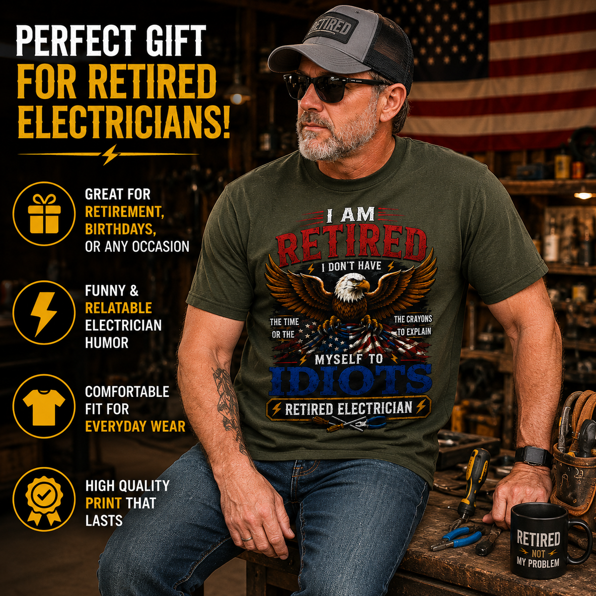Retired Electrician T-Shirt, Funny Retirement Gift for Dad or Grandpa