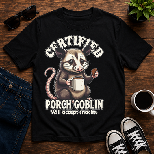 Certified Porch Goblin Possum T-Shirt, Funny Snack-Loving Opossum Tee