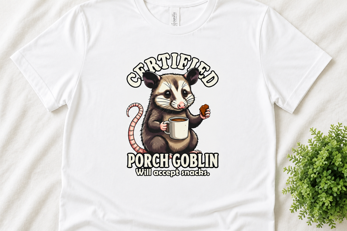 Certified Porch Goblin Possum T-Shirt, Funny Snack-Loving Opossum Tee