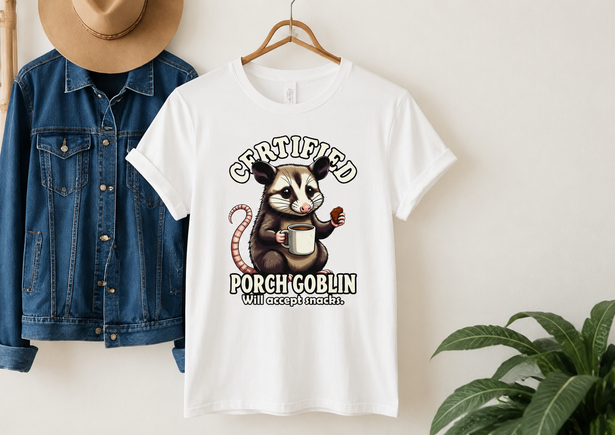 Certified Porch Goblin Possum T-Shirt, Funny Snack-Loving Opossum Tee