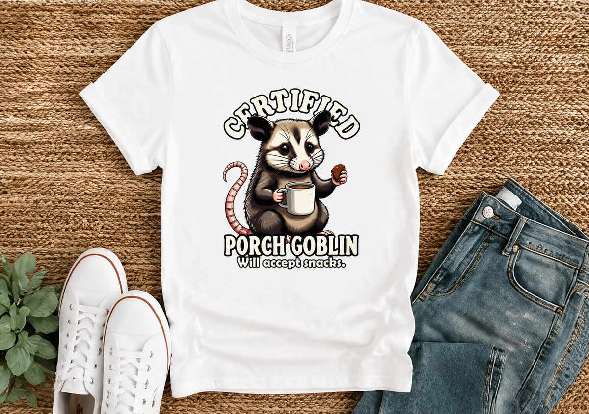 Certified Porch Goblin Possum T-Shirt, Funny Snack-Loving Opossum Tee