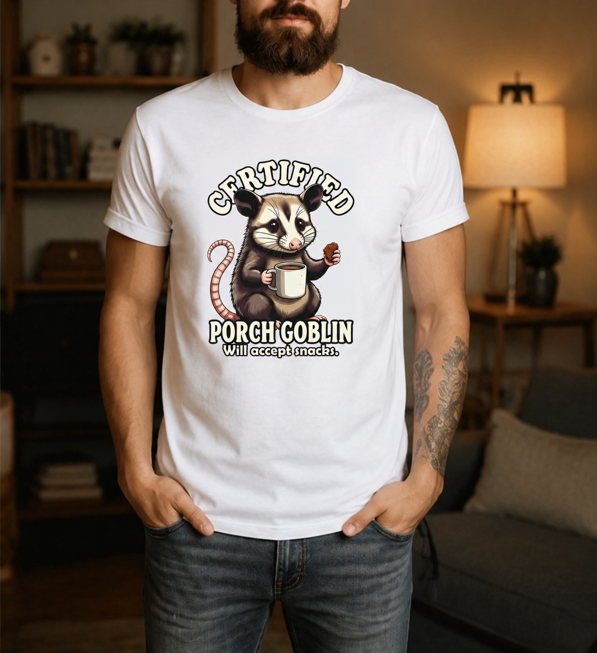 Certified Porch Goblin Possum T-Shirt, Funny Snack-Loving Opossum Tee