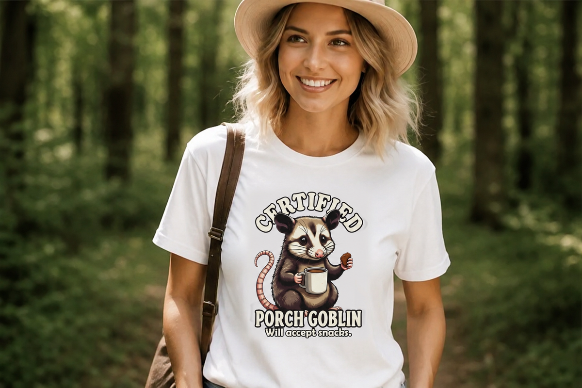 Certified Porch Goblin Possum T-Shirt, Funny Snack-Loving Opossum Tee