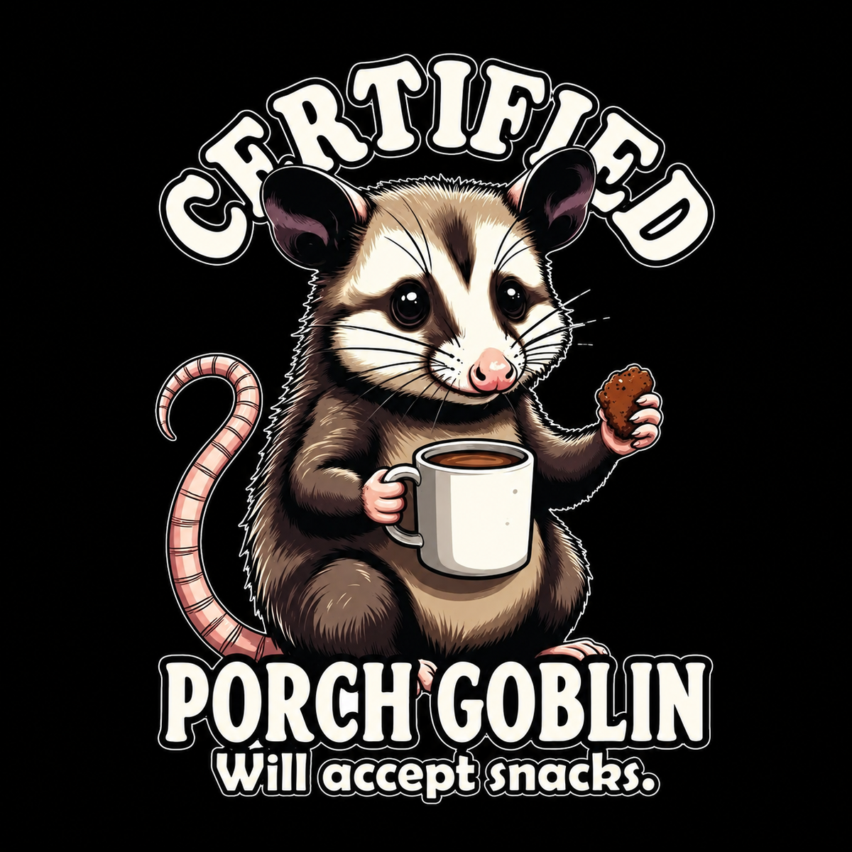 Certified Porch Goblin Possum T-Shirt, Funny Snack-Loving Opossum Tee