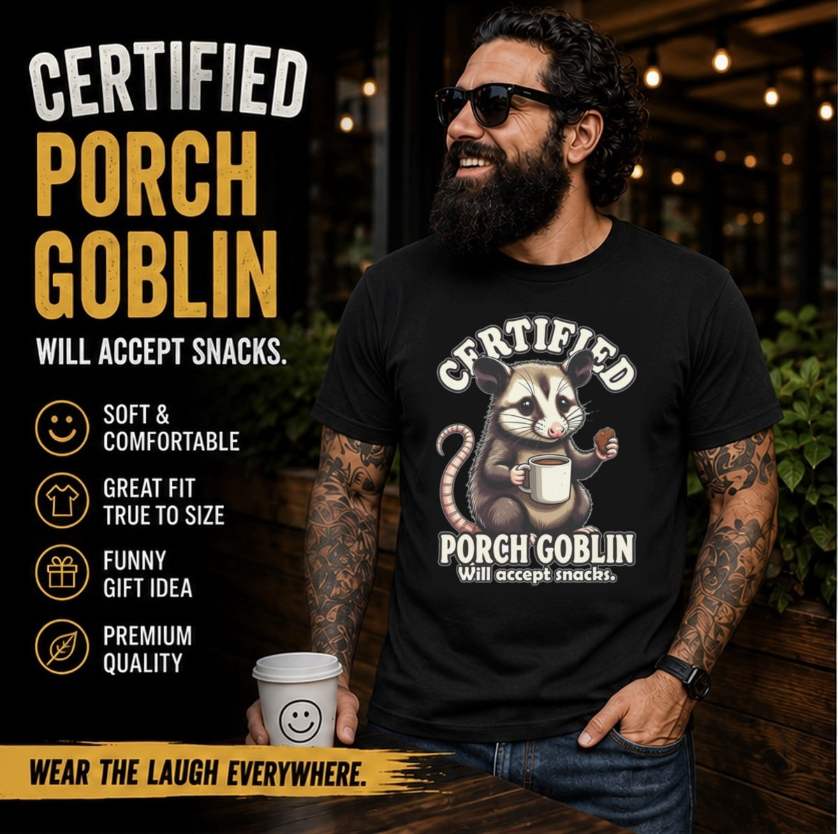 Certified Porch Goblin Possum T-Shirt, Funny Snack-Loving Opossum Tee