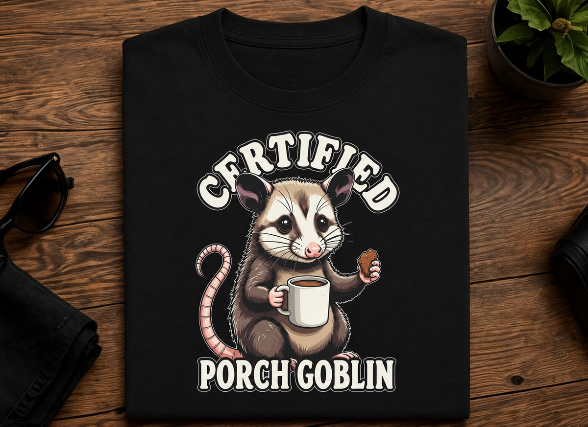 Certified Porch Goblin Possum T-Shirt, Funny Snack-Loving Opossum Tee