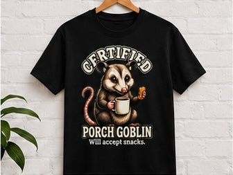 Certified Porch Goblin Possum T-Shirt, Funny Snack-Loving Opossum Tee