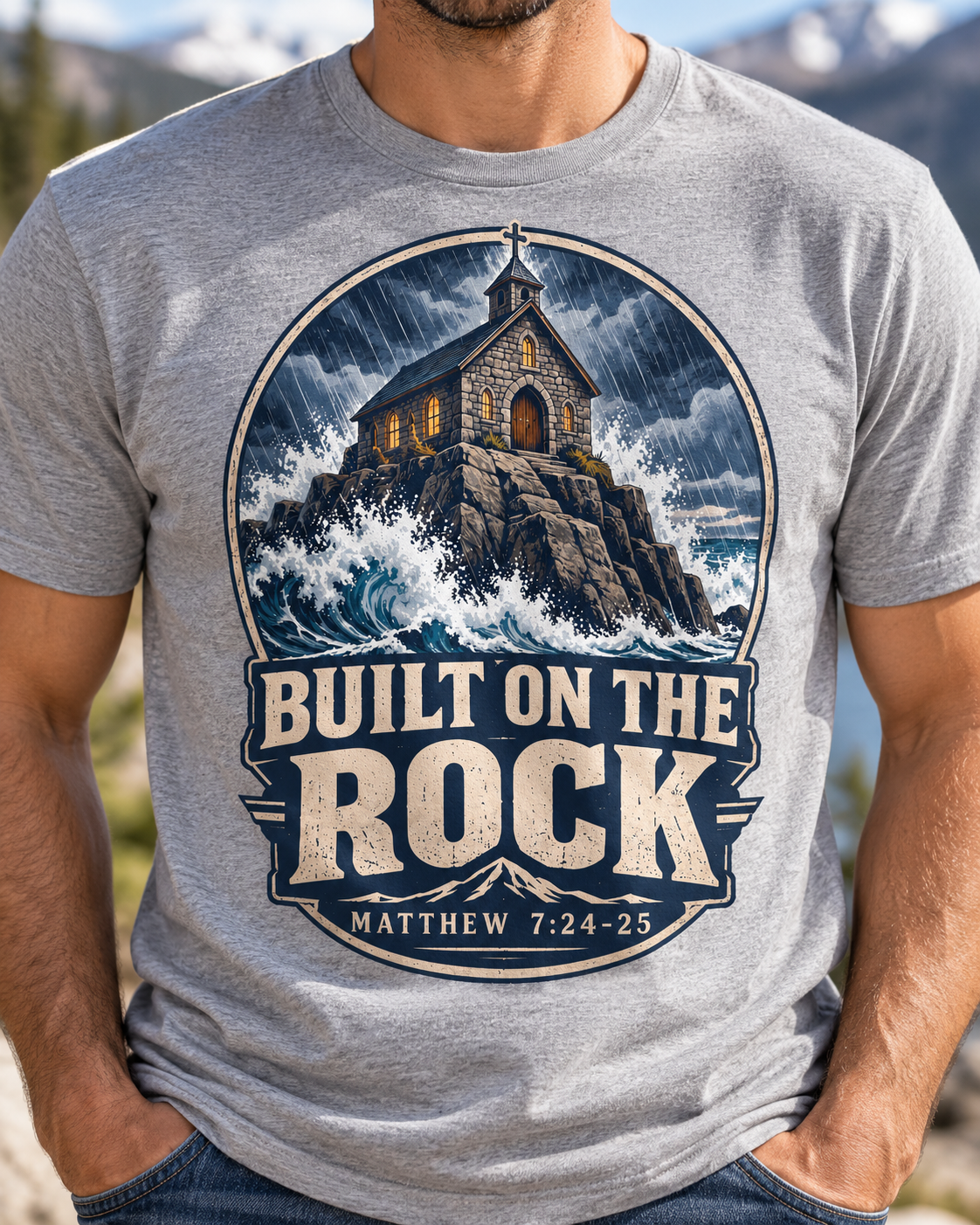 Built on the Rock Christian T-Shirt | Matthew 7:24-25 Storm and Church Graphic