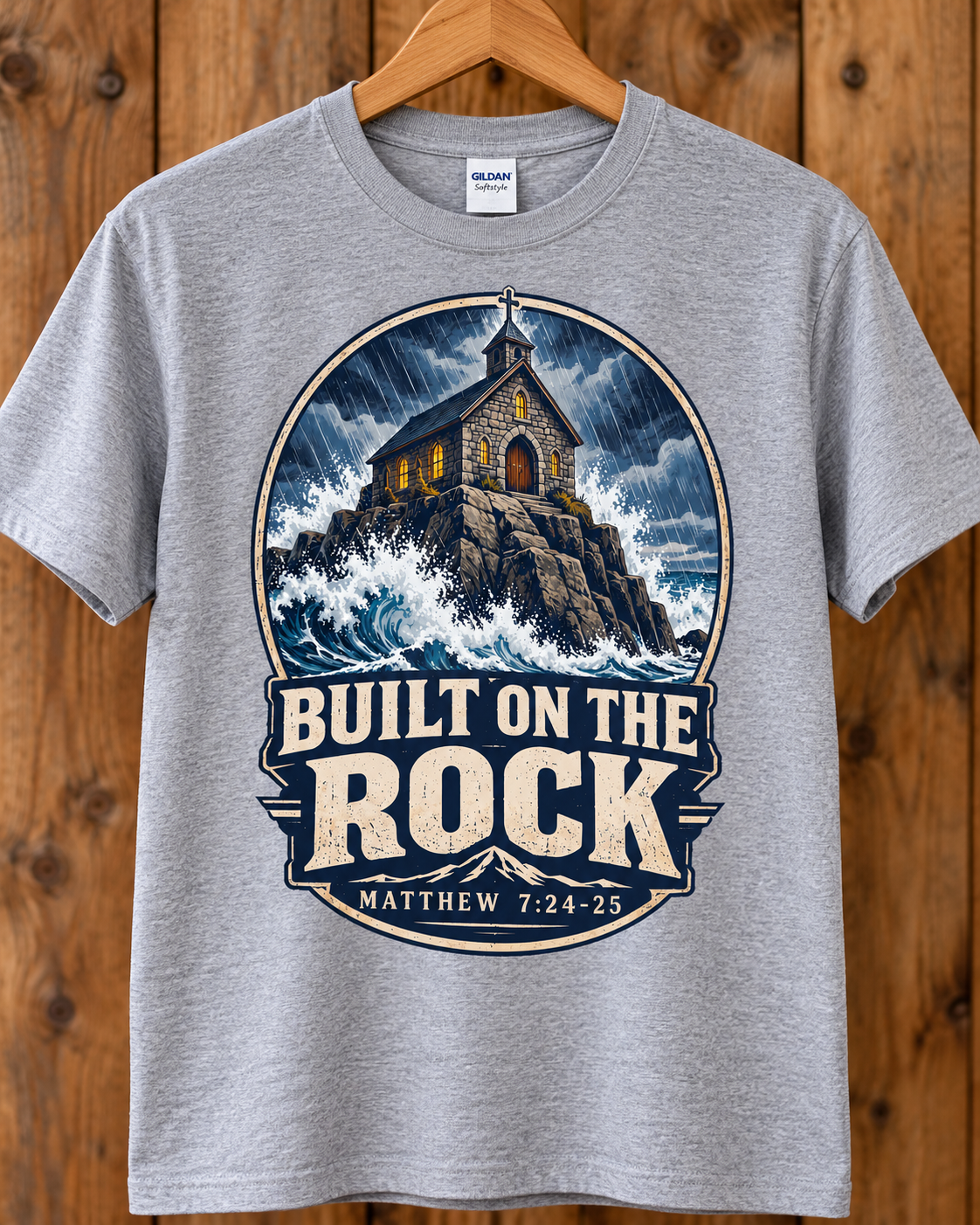 Built on the Rock Christian T-Shirt | Matthew 7:24-25 Storm and Church Graphic