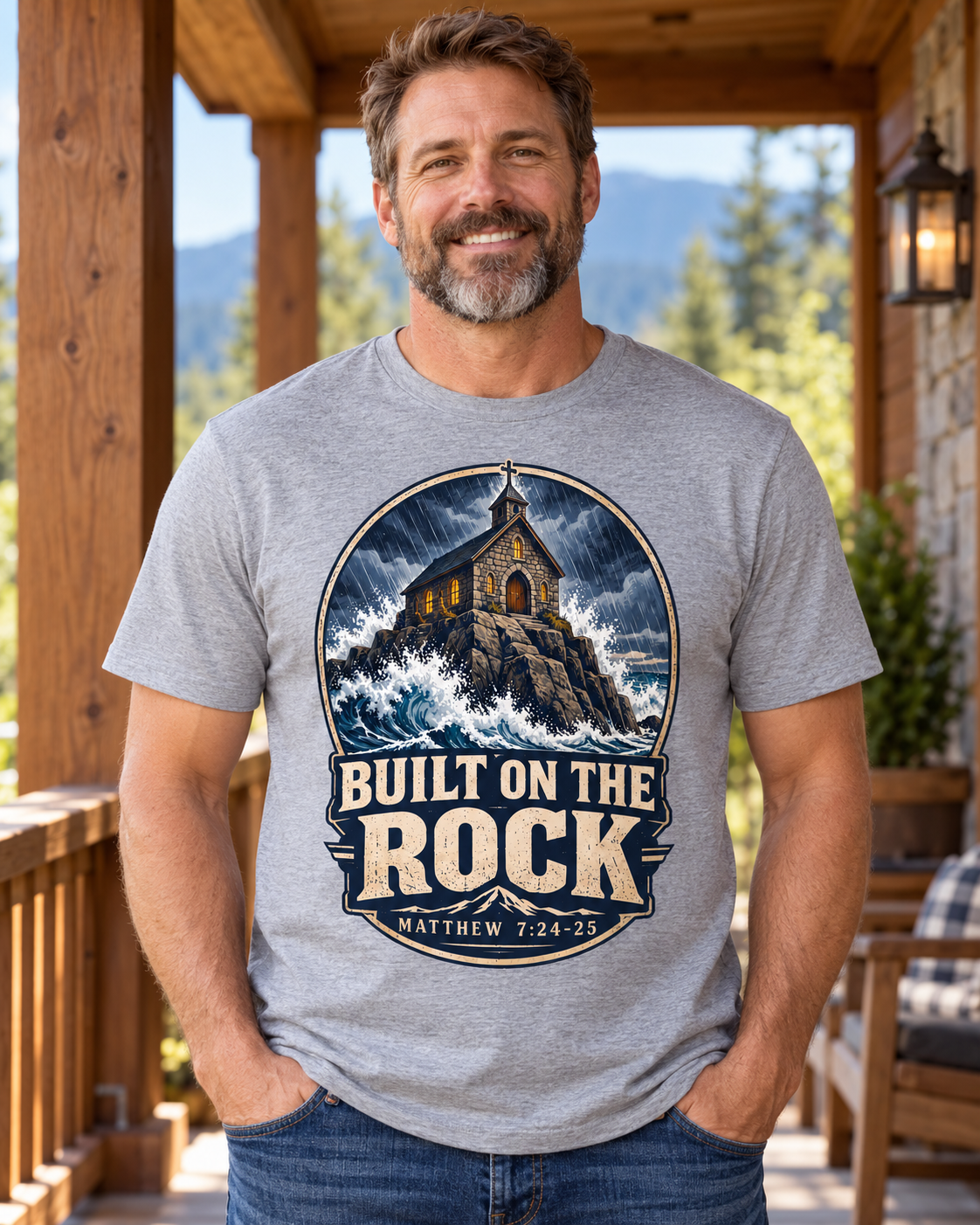 Built on the Rock Christian T-Shirt | Matthew 7:24-25 Storm and Church Graphic