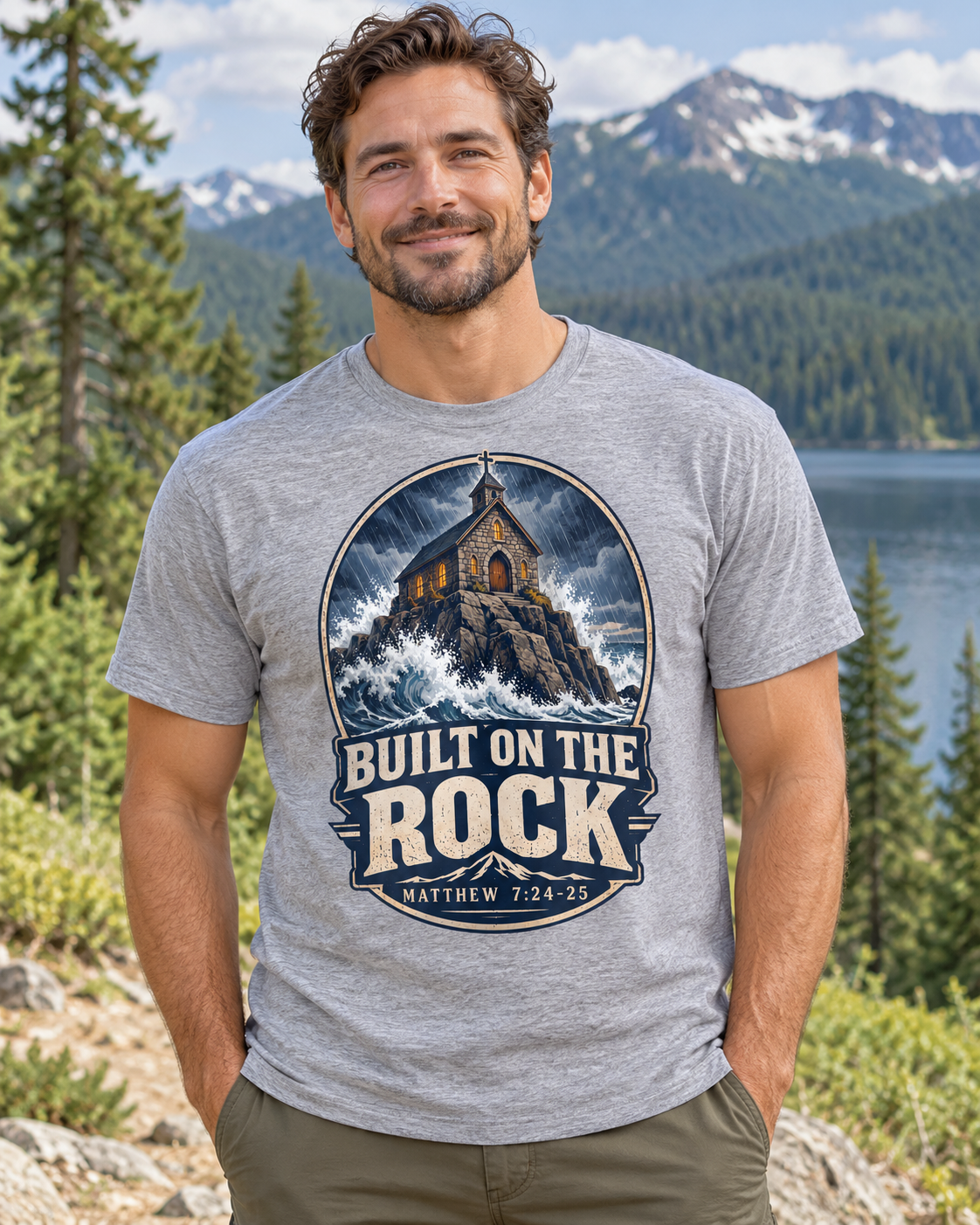 Built on the Rock Christian T-Shirt | Matthew 7:24-25 Storm and Church Graphic