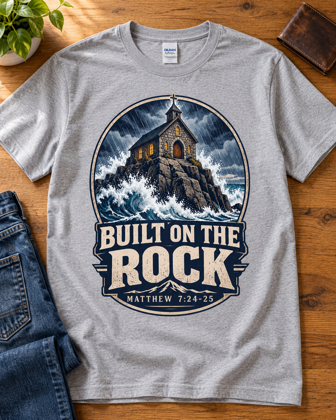 Built on the Rock Christian T-Shirt | Matthew 7:24-25 Storm and Church Graphic