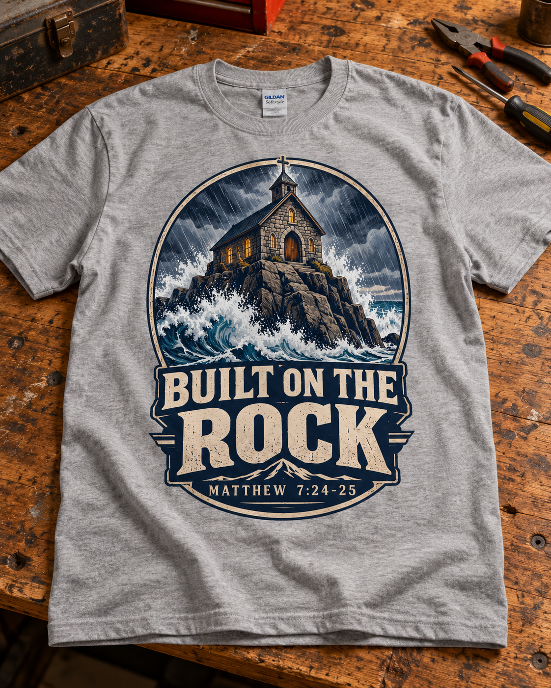 Built on the Rock Christian T-Shirt | Matthew 7:24-25 Storm and Church Graphic