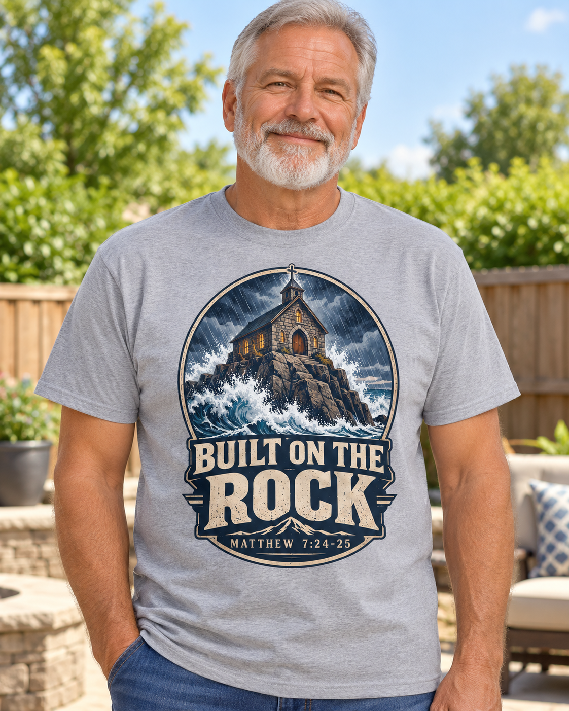 Built on the Rock Christian T-Shirt | Matthew 7:24-25 Storm and Church Graphic
