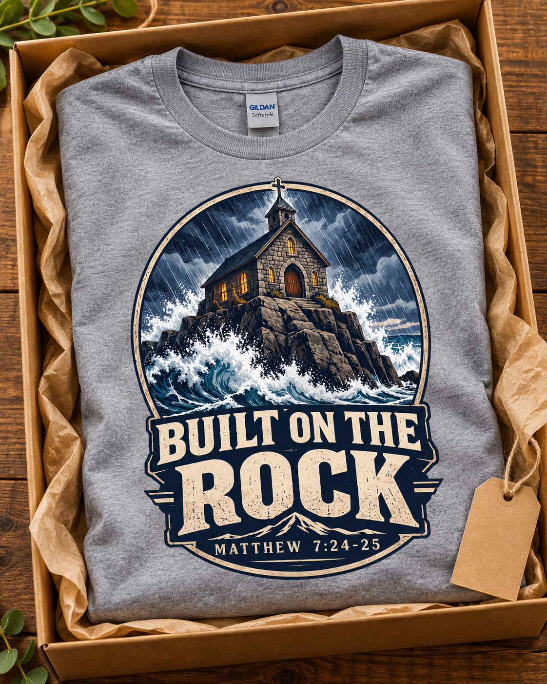 Built on the Rock Christian T-Shirt | Matthew 7:24-25 Storm and Church Graphic