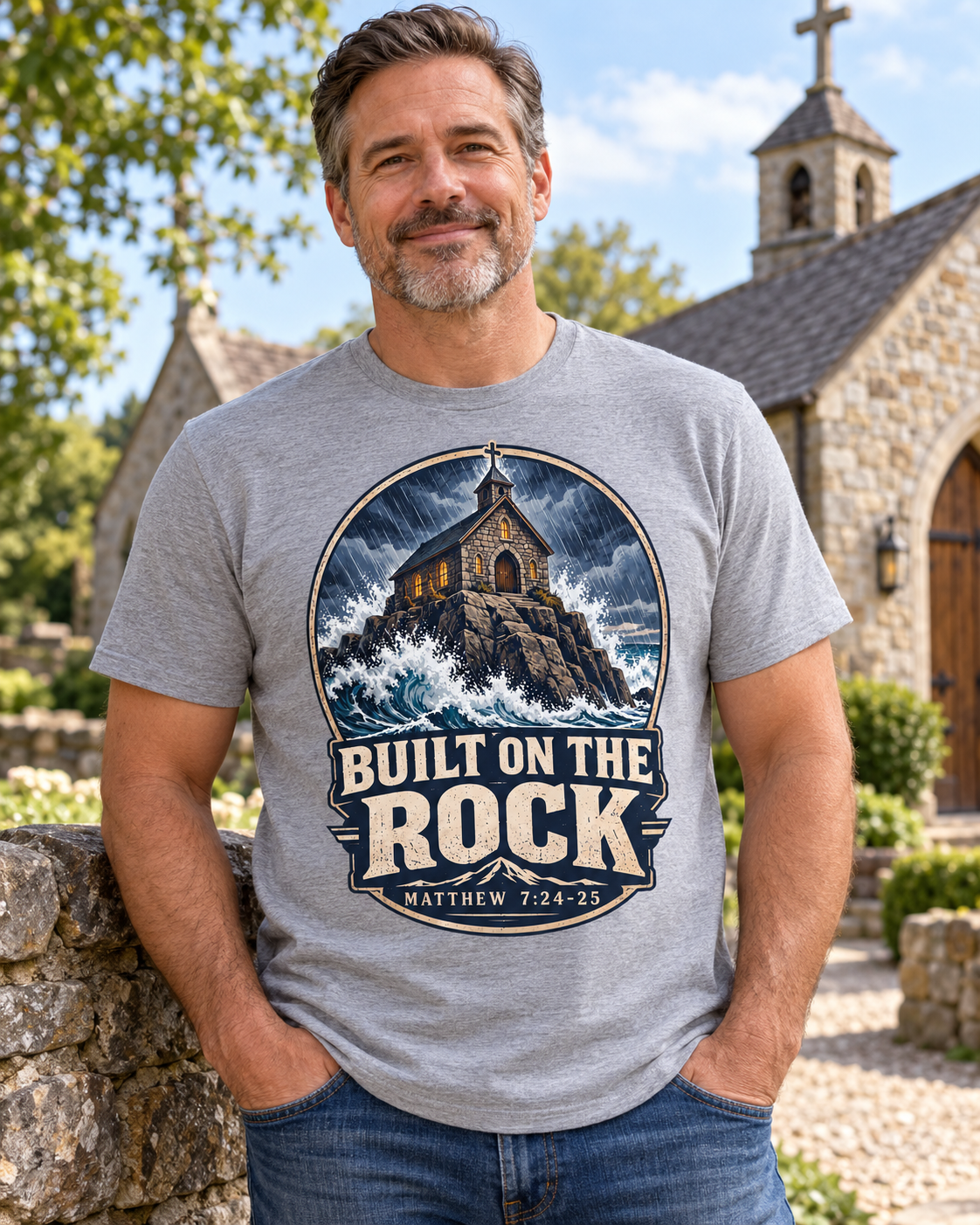 Built on the Rock Christian T-Shirt | Matthew 7:24-25 Storm and Church Graphic