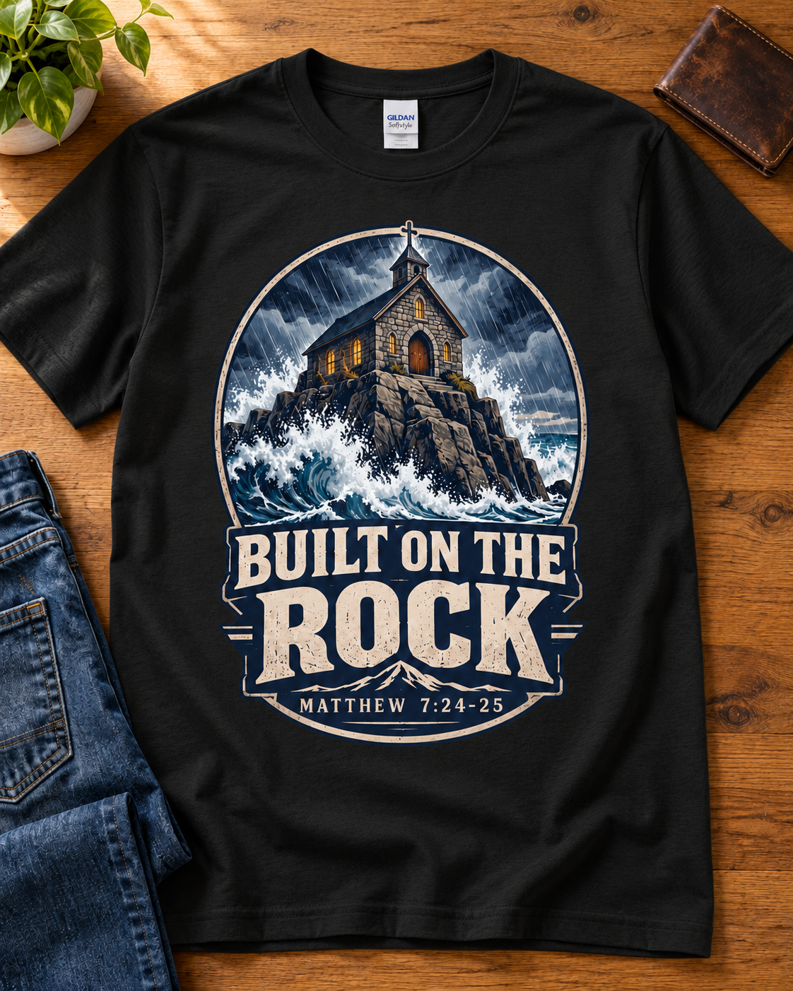 Built on the Rock Christian T-Shirt | Matthew 7:24-25 Storm and Church Graphic