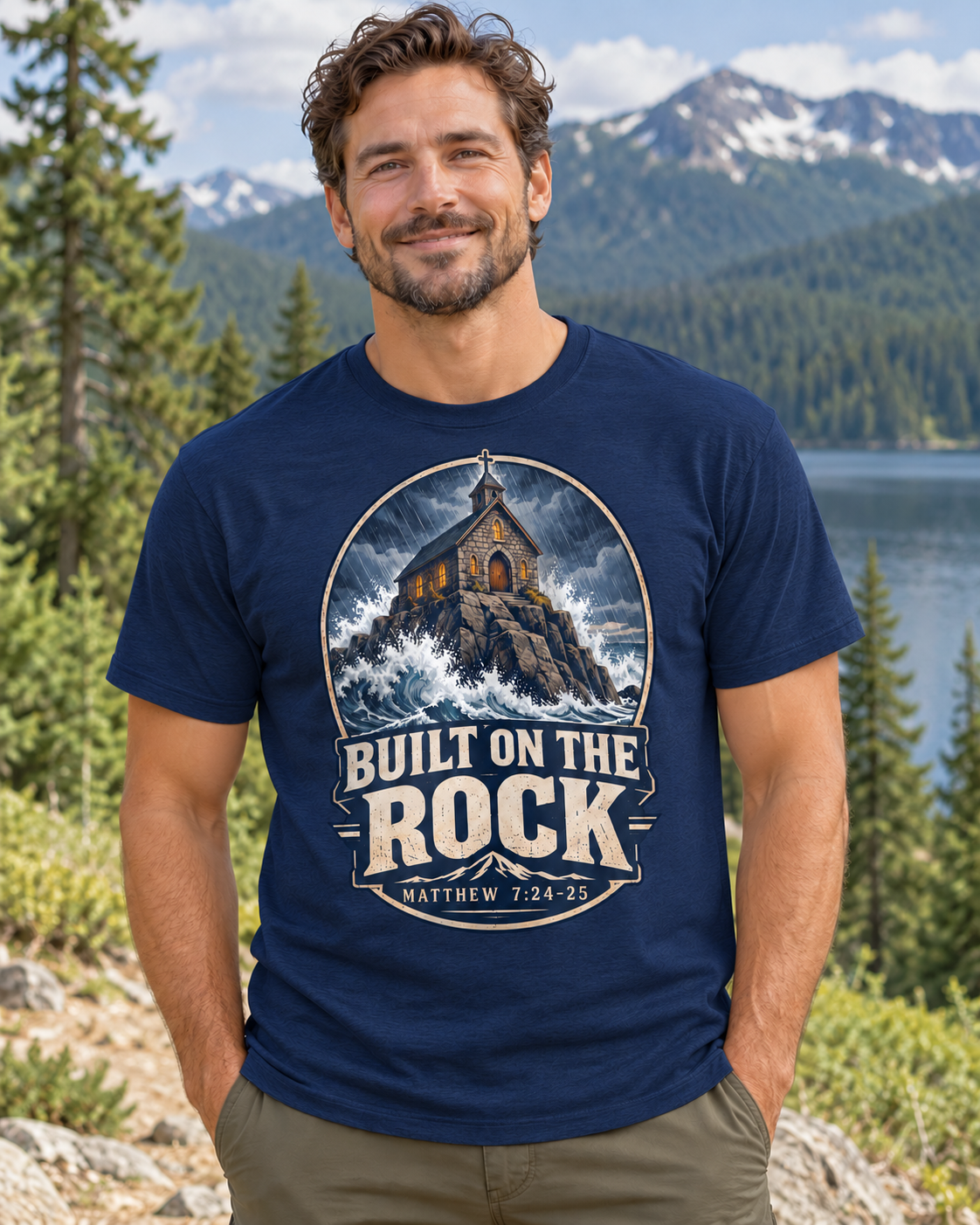 Built on the Rock Christian T-Shirt | Matthew 7:24-25 Storm and Church Graphic