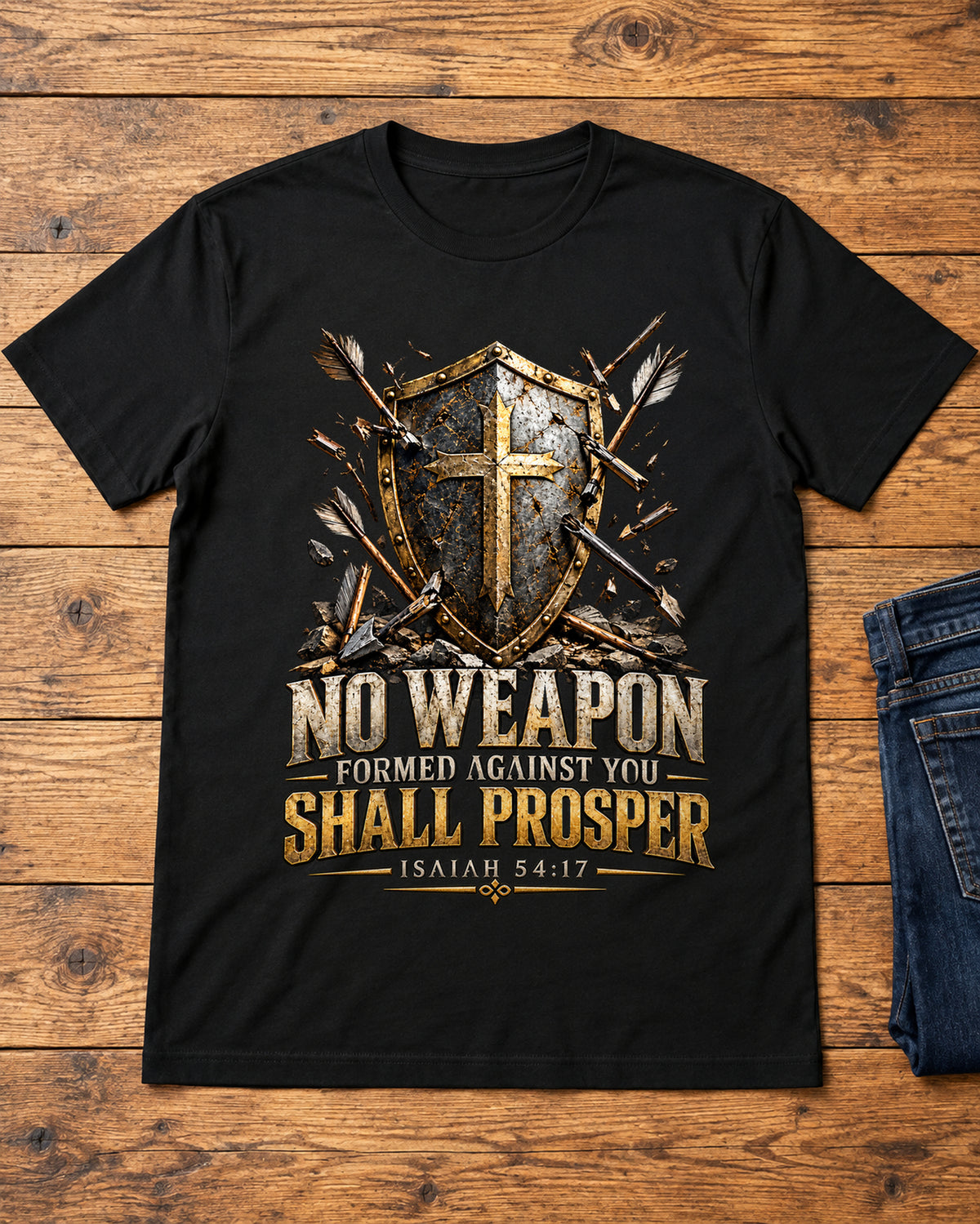 No Weapon Christian T-Shirt | Isaiah 54:17 Shield and Cross Graphic