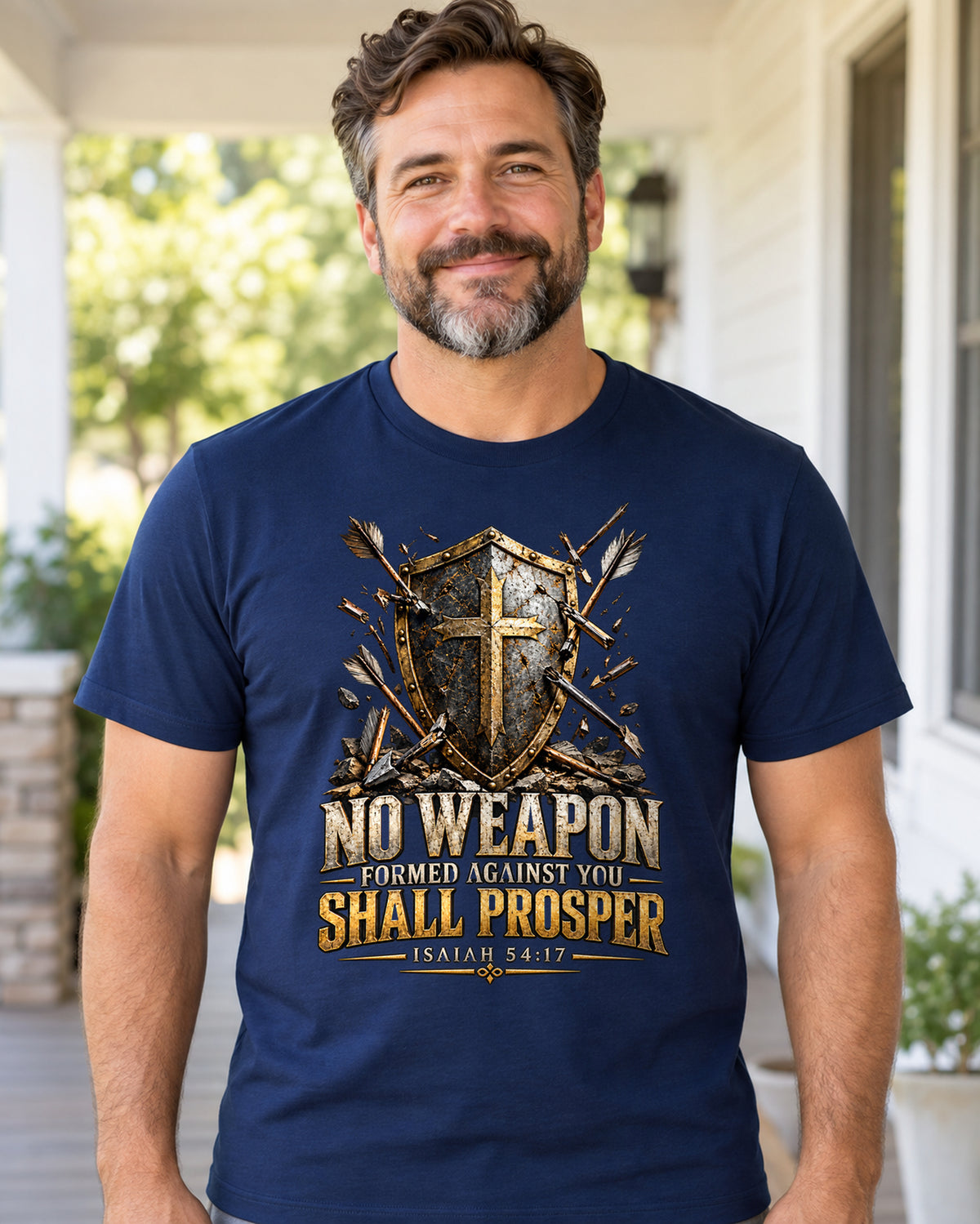 No Weapon Christian T-Shirt | Isaiah 54:17 Shield and Cross Graphic
