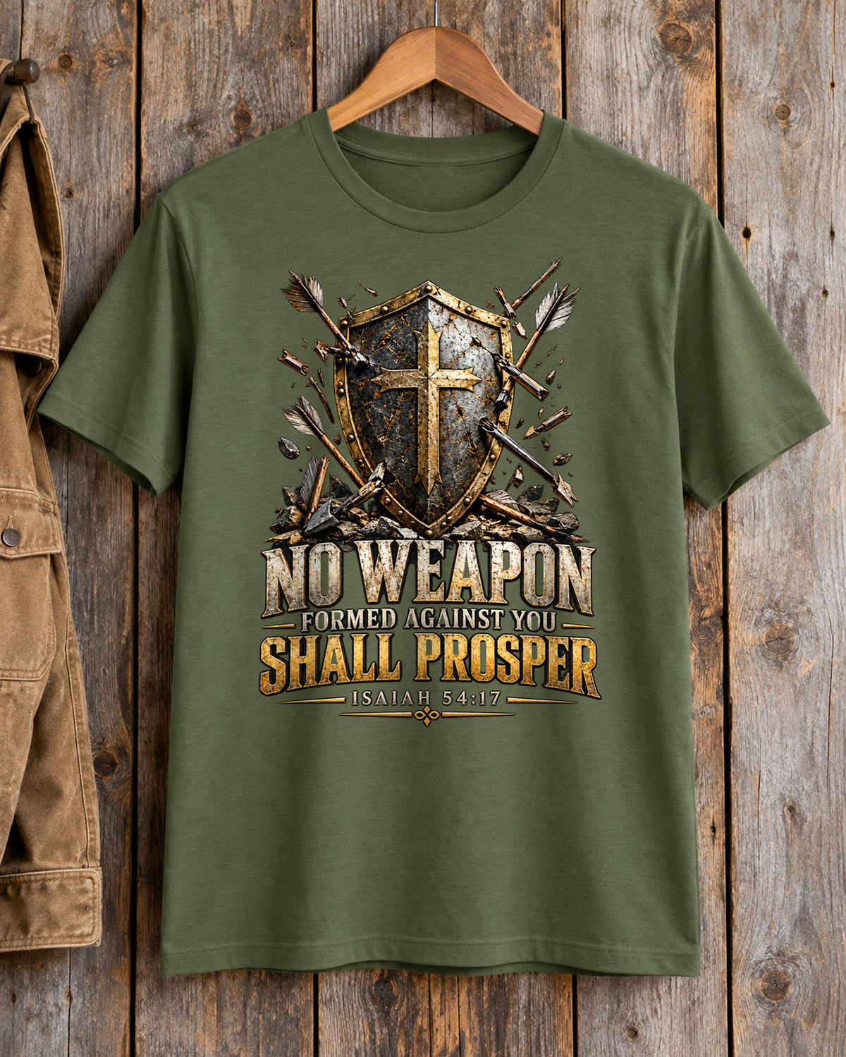 No Weapon Christian T-Shirt | Isaiah 54:17 Shield and Cross Graphic