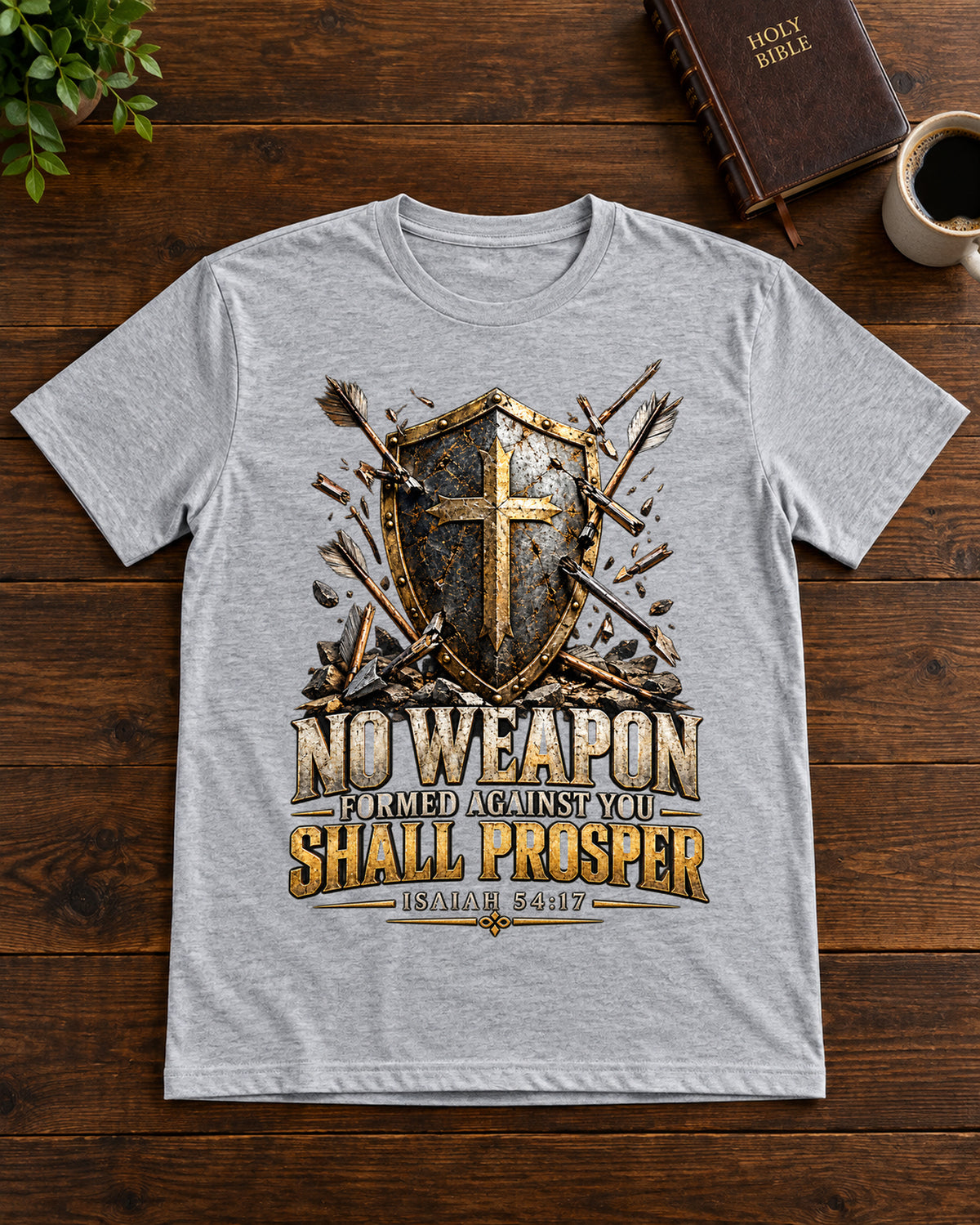 No Weapon Christian T-Shirt | Isaiah 54:17 Shield and Cross Graphic