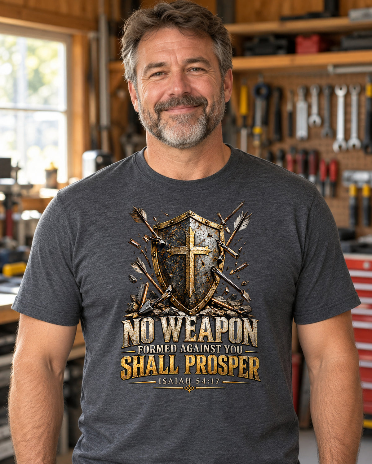 No Weapon Christian T-Shirt | Isaiah 54:17 Shield and Cross Graphic