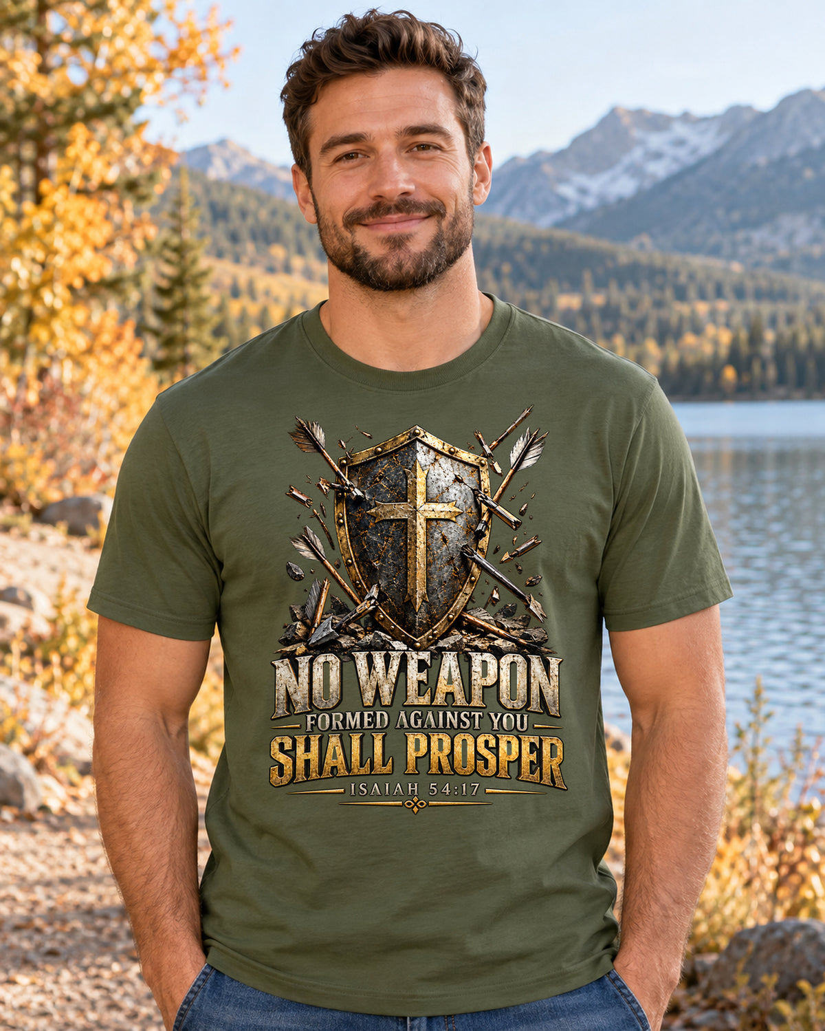 No Weapon Christian T-Shirt | Isaiah 54:17 Shield and Cross Graphic