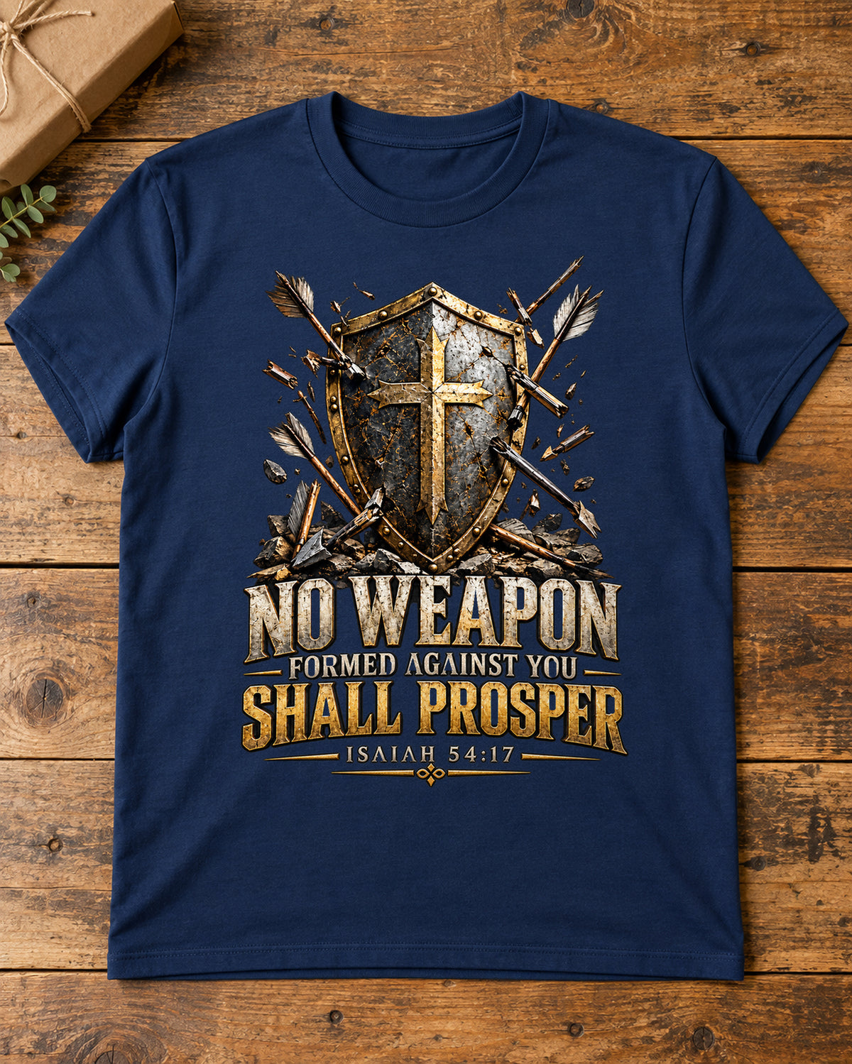 No Weapon Christian T-Shirt | Isaiah 54:17 Shield and Cross Graphic