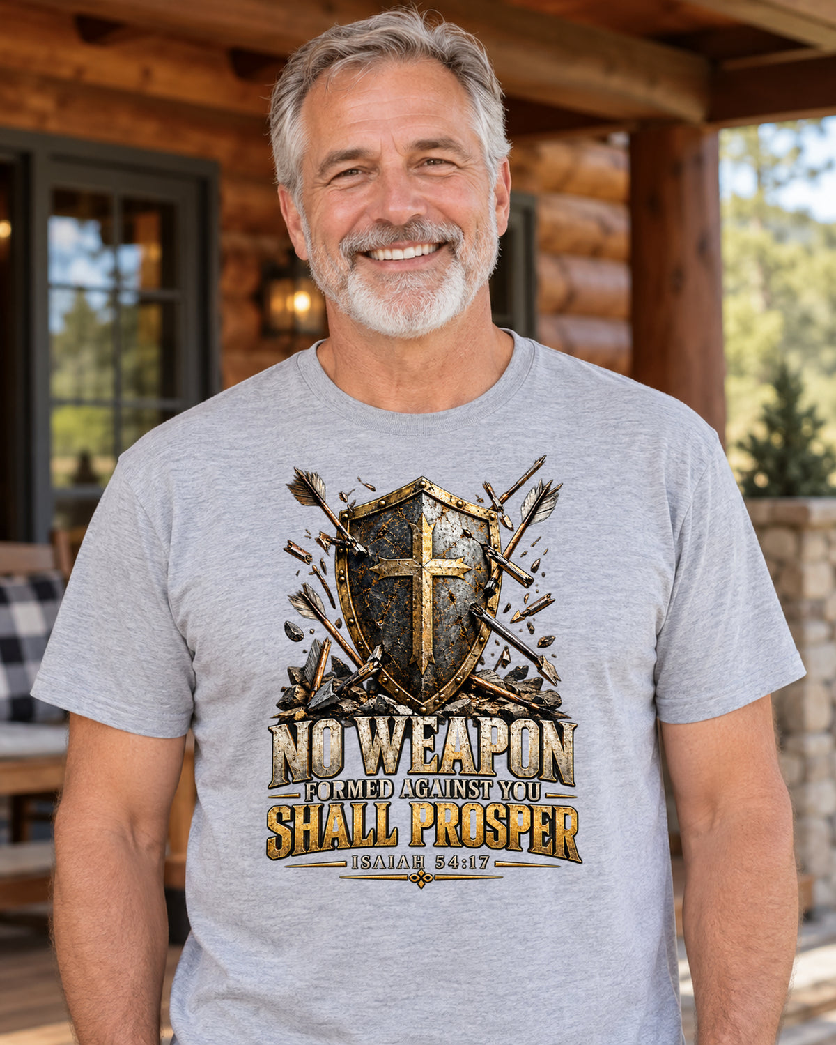 No Weapon Christian T-Shirt | Isaiah 54:17 Shield and Cross Graphic