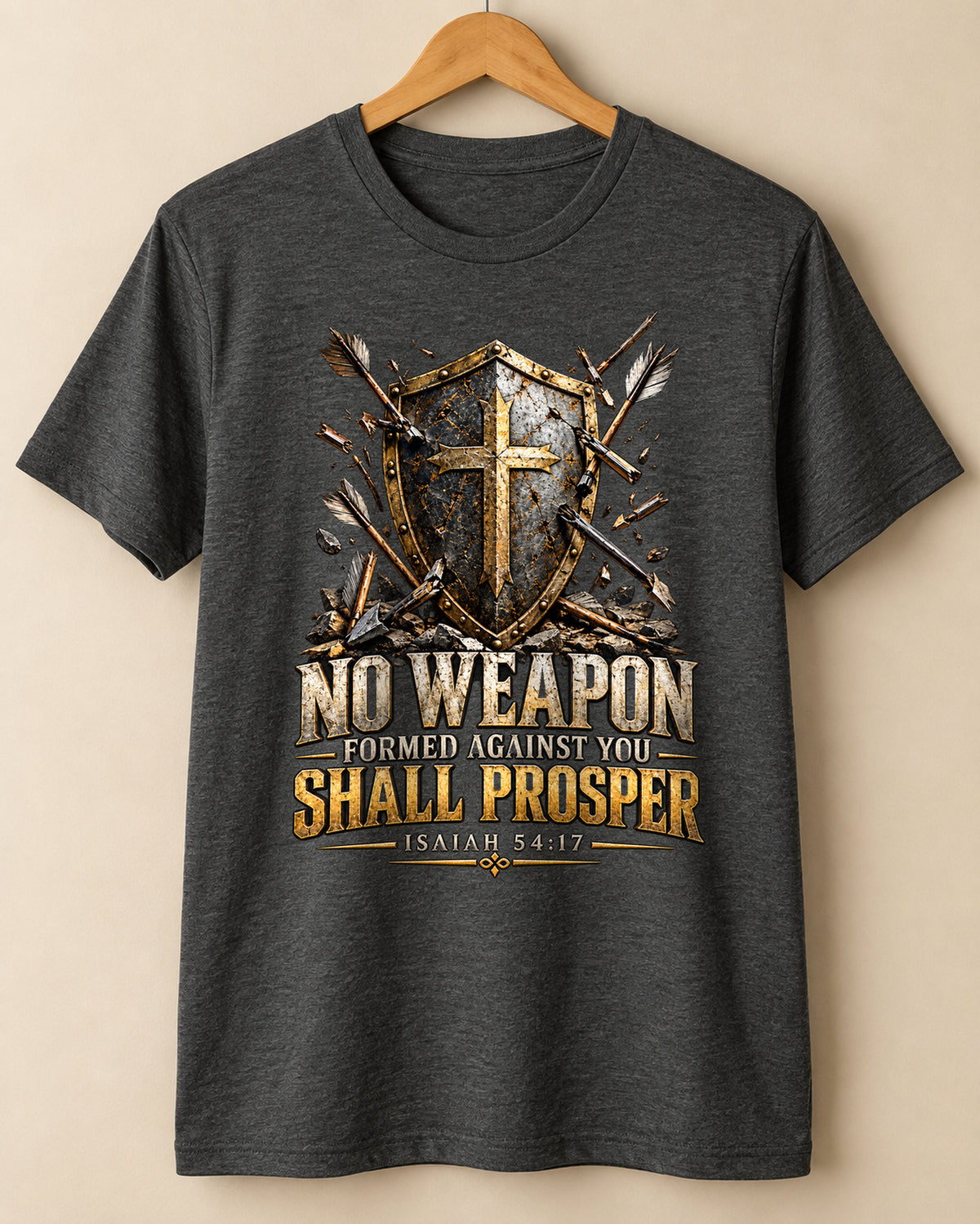 No Weapon Christian T-Shirt | Isaiah 54:17 Shield and Cross Graphic