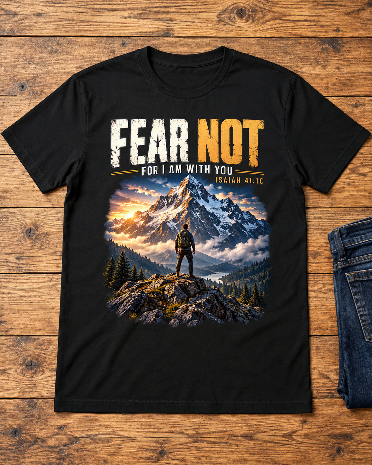 Fear Not Christian T-Shirt | Isaiah 41:10 Mountain and Hiker Graphic
