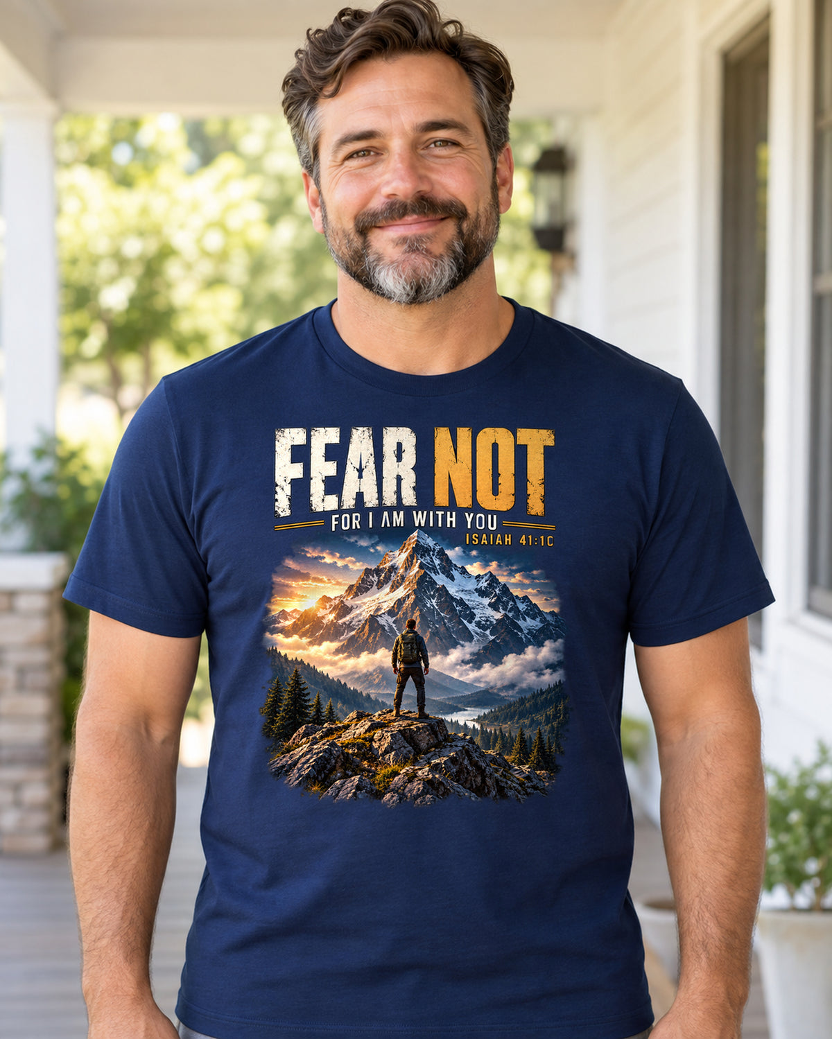 Fear Not Christian T-Shirt | Isaiah 41:10 Mountain and Hiker Graphic