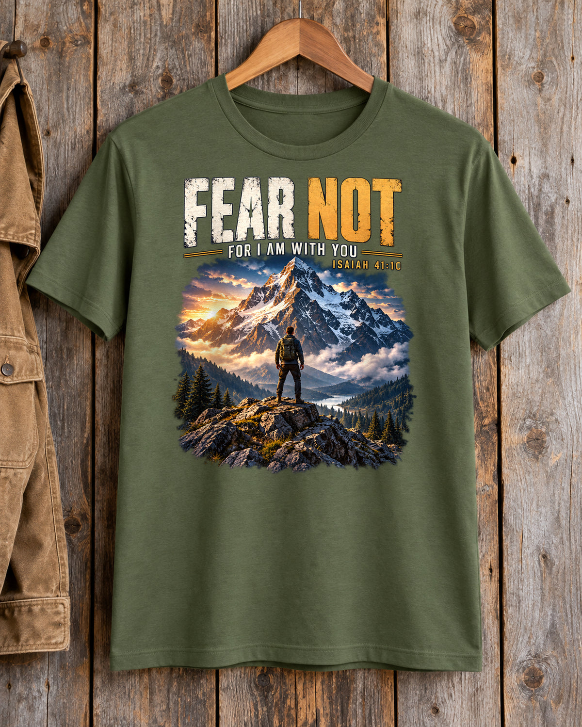 Fear Not Christian T-Shirt | Isaiah 41:10 Mountain and Hiker Graphic