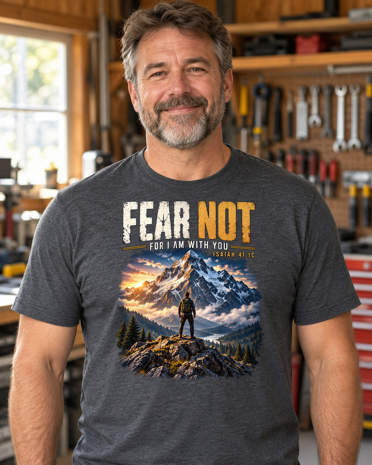 Fear Not Christian T-Shirt | Isaiah 41:10 Mountain and Hiker Graphic