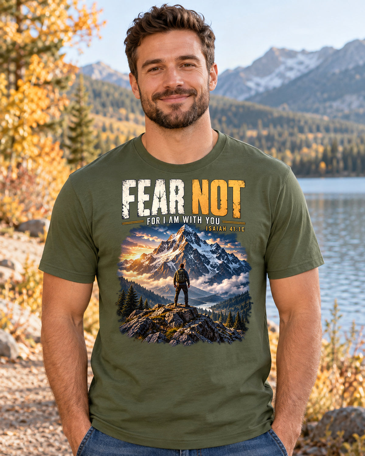 Fear Not Christian T-Shirt | Isaiah 41:10 Mountain and Hiker Graphic