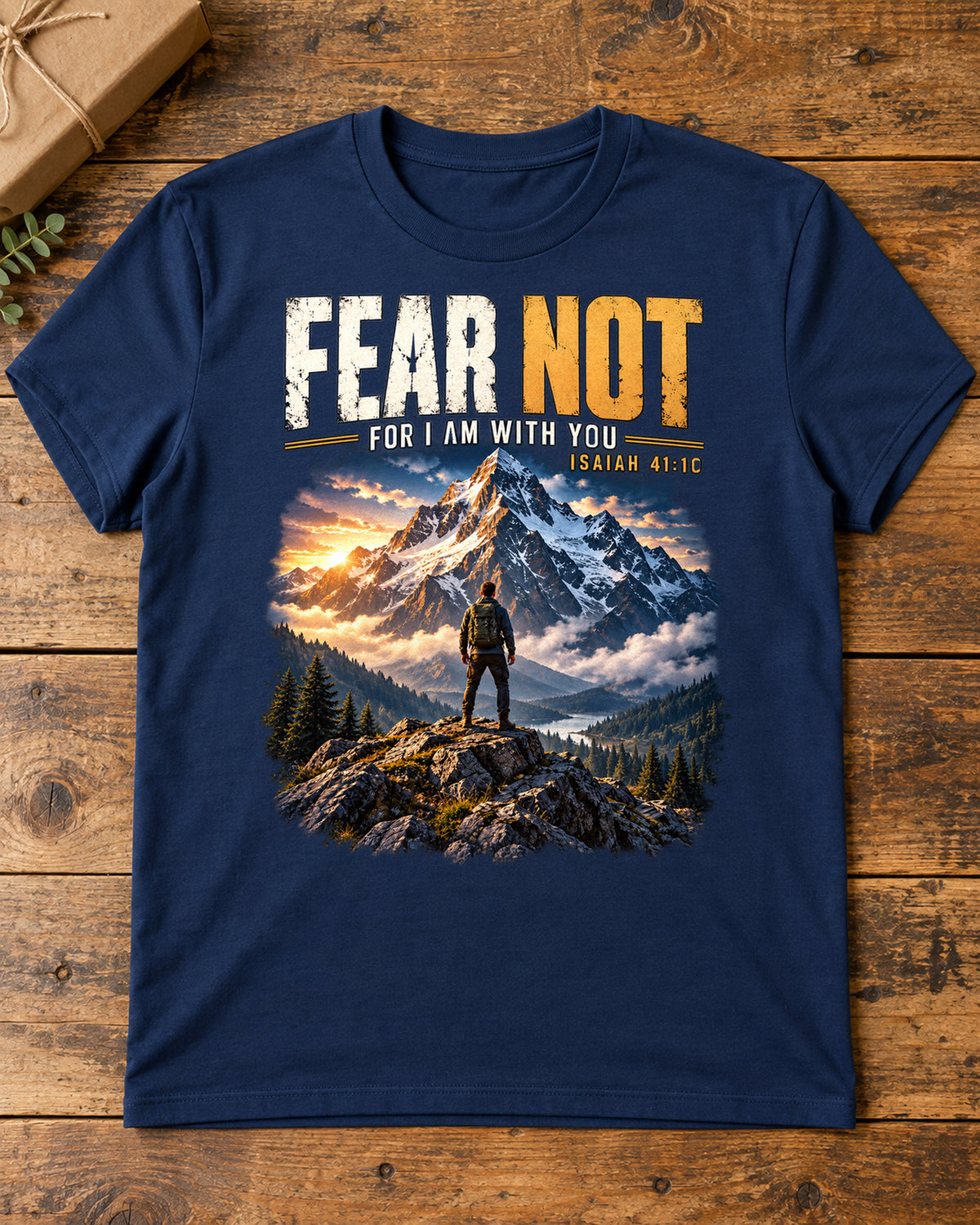 Fear Not Christian T-Shirt | Isaiah 41:10 Mountain and Hiker Graphic