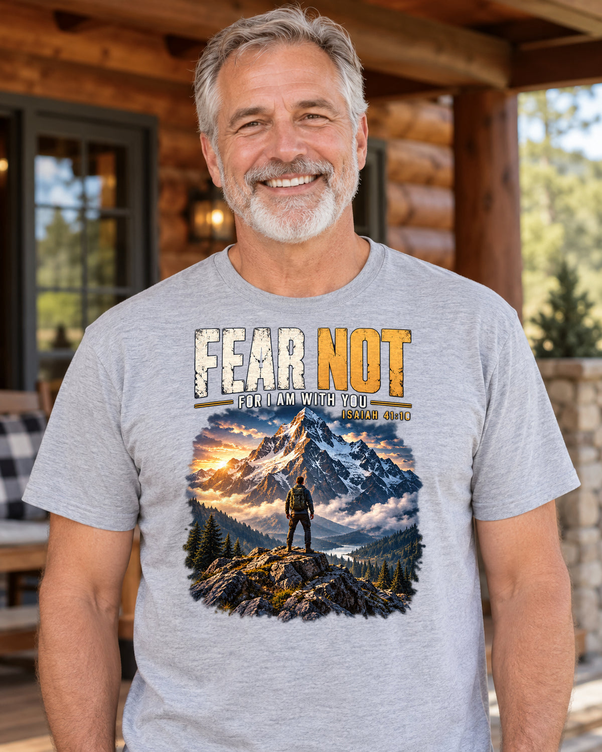 Fear Not Christian T-Shirt | Isaiah 41:10 Mountain and Hiker Graphic