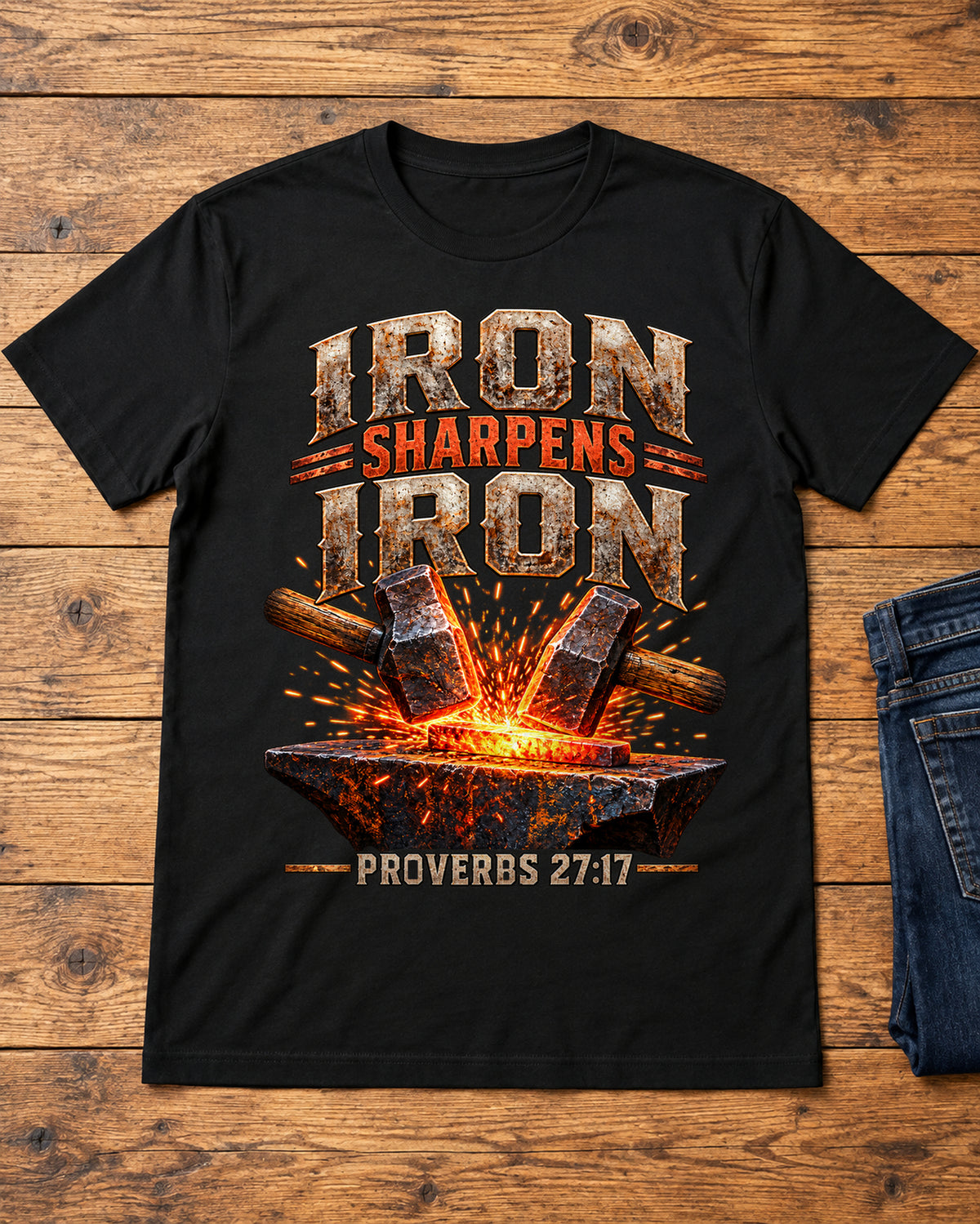Iron Sharpens Iron Christian T-Shirt | Proverbs 27:17 Hammer and Anvil Graphic