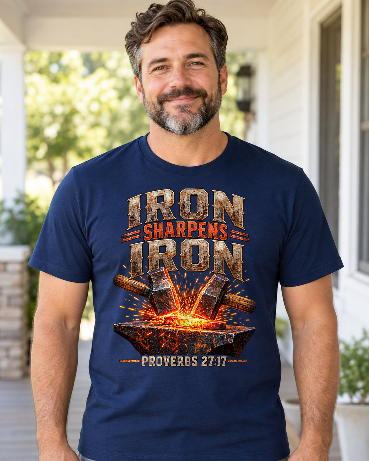 Iron Sharpens Iron Christian T-Shirt | Proverbs 27:17 Hammer and Anvil Graphic