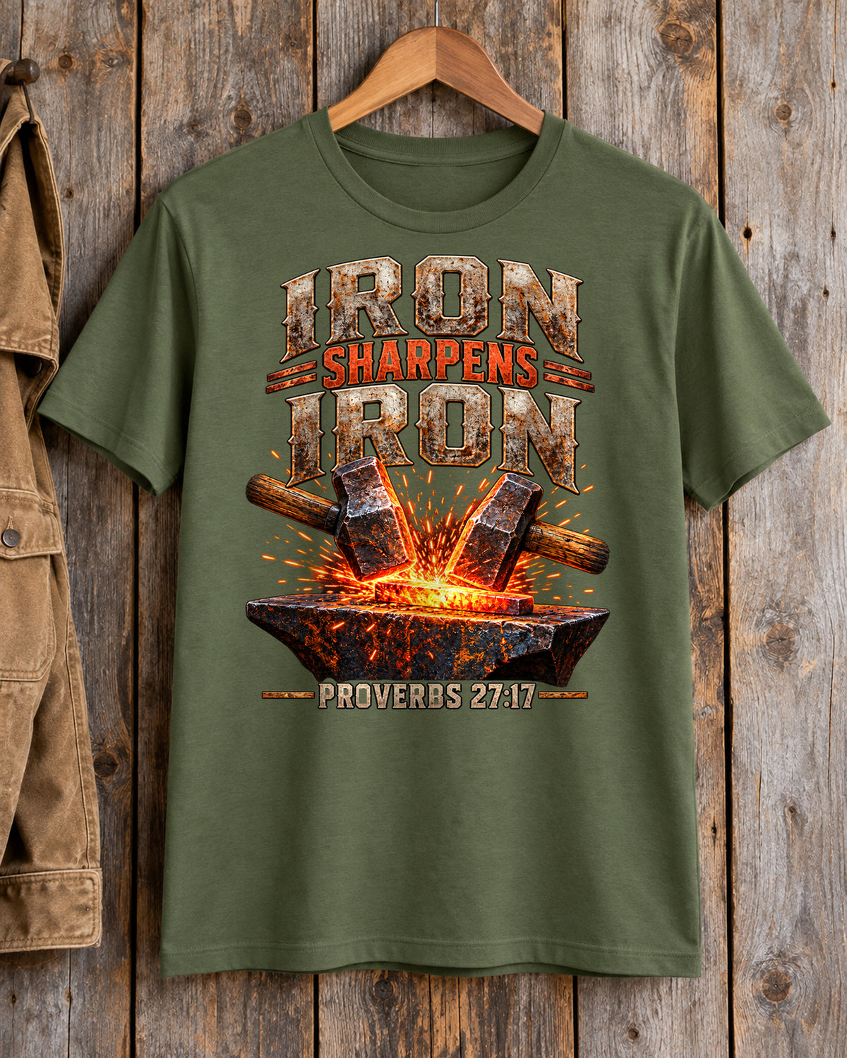 Iron Sharpens Iron Christian T-Shirt | Proverbs 27:17 Hammer and Anvil Graphic