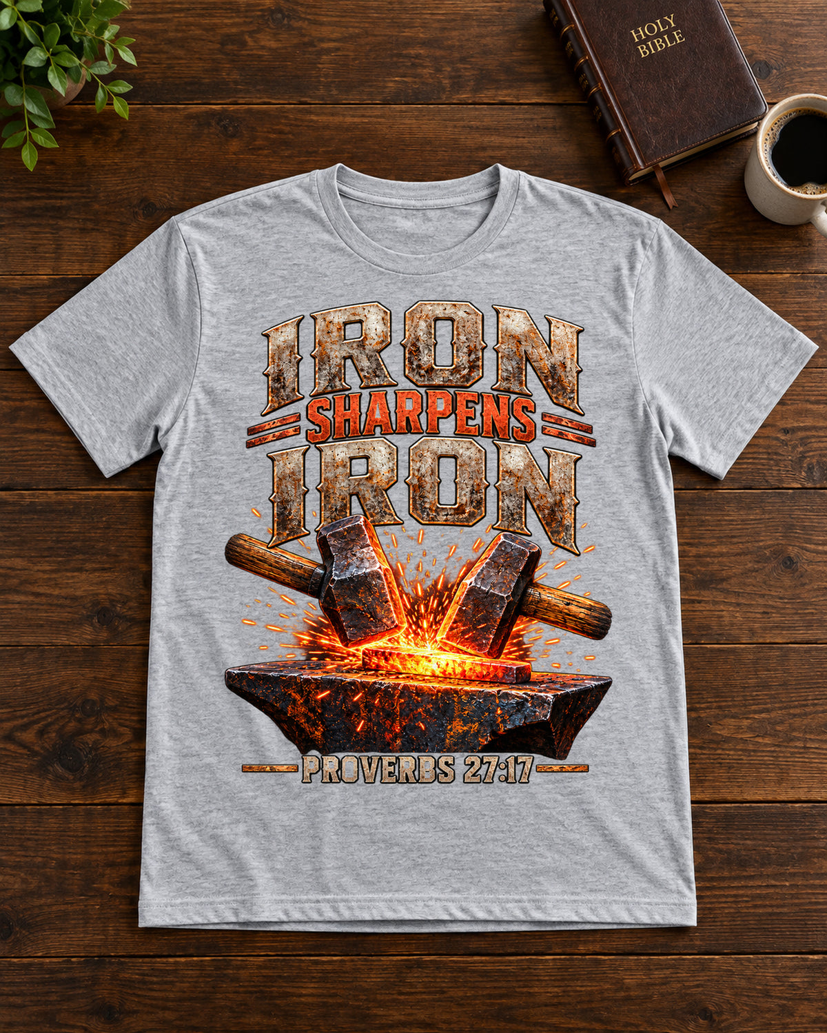 Iron Sharpens Iron Christian T-Shirt | Proverbs 27:17 Hammer and Anvil Graphic